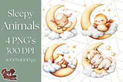 Sleeping Baby Animals PNG, Moon and Stars Nursery Clipart Product Image 1