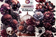 Moody Rose Gold &amp; Mauve Florals PNG, Dark Romance Clipart Product Image 1