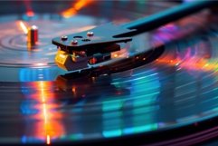 Vinyl record spinning on turntable with colorful lights refl Product Image 1