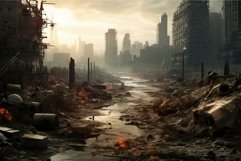 Gloomy view of a desolate city with ruins and debris under a Product Image 1