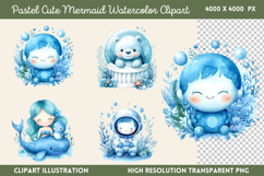 Pastel Cute Mermaid Watercolor Clipart PNG Product Image 1