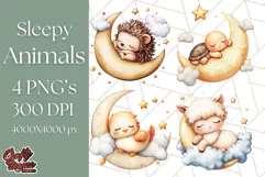 Sleeping Baby Animals PNG, Moon and Stars Nursery Clipart Product Image 1