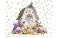 Fall Barn Clipart PNG With Pumpkins and Flowers, Autumn Png Product Image 5
