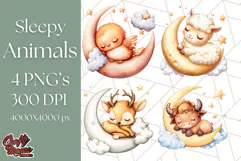 Sleeping Baby Animals PNG, Moon and Stars Nursery Clipart Product Image 1
