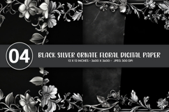 Black Silver Ornate Floral Digital Paper Product Image 1