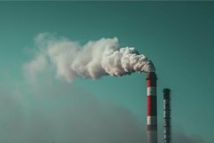 Two large chimneys releasing white smoke into the sky, showc Product Image 1