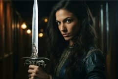 Warrior woman holding sword in dramatic light Product Image 1