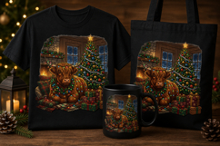 Christmas Highland Cow PNG by Tree &amp; Fireplace Cozy Cabin Product Image 1