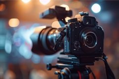 Professional video camera on tripod with blurred lights Product Image 1