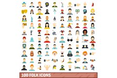 100 folk icons set, flat style Product Image 1