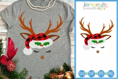 Reindeer SVG - Christmas Deer SVG Plaid Santa Hat Antlers Product Image 1