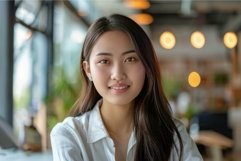 Serene young woman in a modern cafe environment Product Image 1
