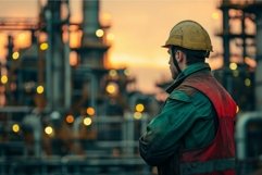 Worker overlooking industrial site at dusk Product Image 1