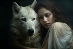 Mystical bond: woman embracing a wolf in a dark ambiance Product Image 1