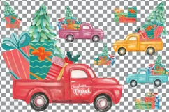 Watercolor Christmas truck clip art. Retro trucks decoration Product Image 2