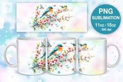 Spring Birds mug PNG sublimation. 11 &amp; 15 oz mug wrap PNG Product Image 1