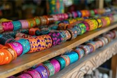 Colorful handcrafted bracelets display at market stall Product Image 1