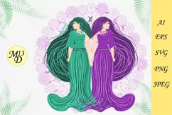 Zodiac sign Gemini. Womans in a dress, hand draw Product Image 1