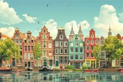 Traditional dutch houses reflecting on canal water in amster Product Image 1
