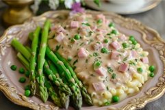 Creamy pasta with ham and asparagus on elegant plate Product Image 1