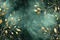 Gold Leaves on Teal Green Background Wallpaper Product Image 1