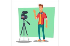 Video Blogger Vector. Cheerful Young Blogger Man. Vlog Product Image 1