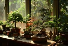 Serene indoor bonsai garden in sunlight Product Image 1