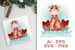 watercolor illustration of a baby giraffe at christmas Product Image 1