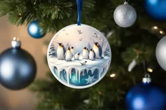 Round Winter Scene with Penguins Ornament Sublimation PNG Product Image 4