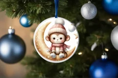 Round Christmas Baby Monkey Digital Painting Sublimation PNG Product Image 4