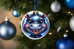 Shiny Christmas Hippo Round Ornament Sublimation PNG Product Image 1
