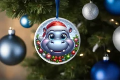 Shiny Christmas Hippo Round Ornament Sublimation PNG Product Image 1