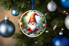 Watercolor Christmas Gnome Round Sticker Ornament PNG Product Image 4