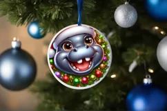 Christmas Hippo Round Ornament Sublimation PNG Product Image 1