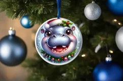 Christmas Hippo Round Ornament Sublimation PNG Product Image 1