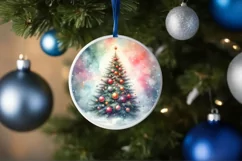 Watercolor Christmas Tree Round Ornament Sublimation PNG Product Image 4