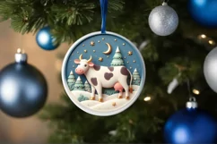 Colorful Christmas Scene with Cow Round Ornament Sublimation Product Image 1