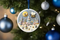 Colorful Christmas Scene with Bee Round Ornament Sublimation Product Image 4