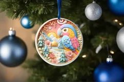 Colorful Christmas Scene with Parrot Round Ornament Product Image 1