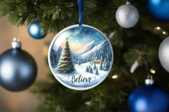 Believe Watercolor Christmas Scene Round Ornament With Text Product Image 4