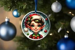 Shiny Christmas Elf Round Ornament Sublimation PNG Product Image 1