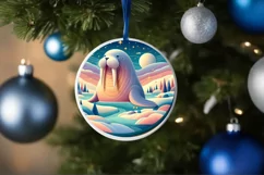 Colorful Winter Scene with Walrus Round Ornament Sublimation Product Image 1
