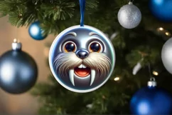Shiny Christmas Walrus Round Ornament Sublimation PNG Product Image 1