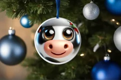 Christmas Cow Round Ornament Sublimation PNG Product Image 1