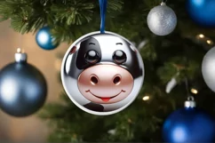 Cow with Metal Look Christmas Round Ornament Sublimation PNG Product Image 1