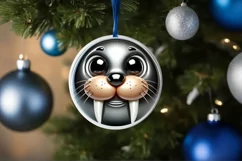 Christmas Walrus Round Ornament Sublimation PNG Product Image 1