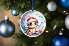 Baby Turtle in Santa Hat Christmas Ornament Sublimation PNG Product Image 1