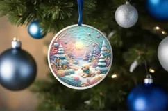 Colorful Winter Scene Puppy Round Sticker Ornament Product Image 1