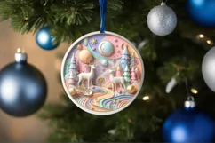 Colorful Winter Scene Deer Round Sticker Ornament Product Image 4