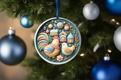 Colorful Chicken Winter Scene Round Ornament Sublimation PNG Product Image 4